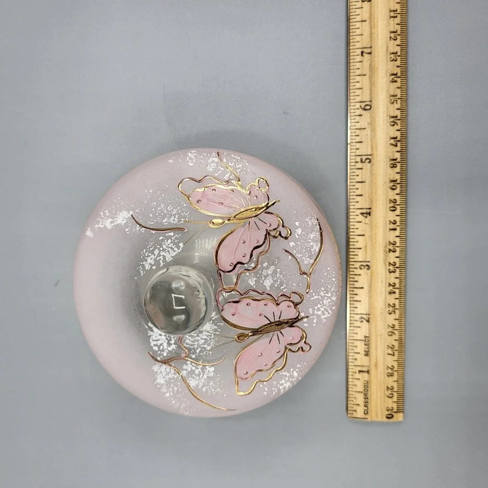 Butterfly Trinket Dish Vanity Jar Frosted Pink Glass Gold Accents Hand Painted